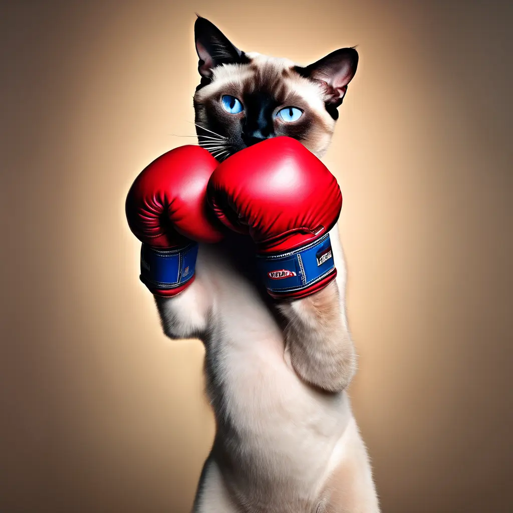 Siamese cat wearing red boxing gloves