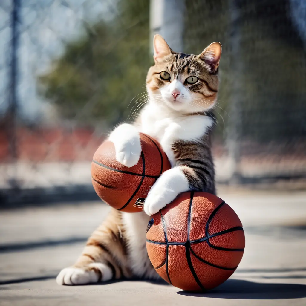A cat with two basketballs in its paws, ready to shoot some hoops