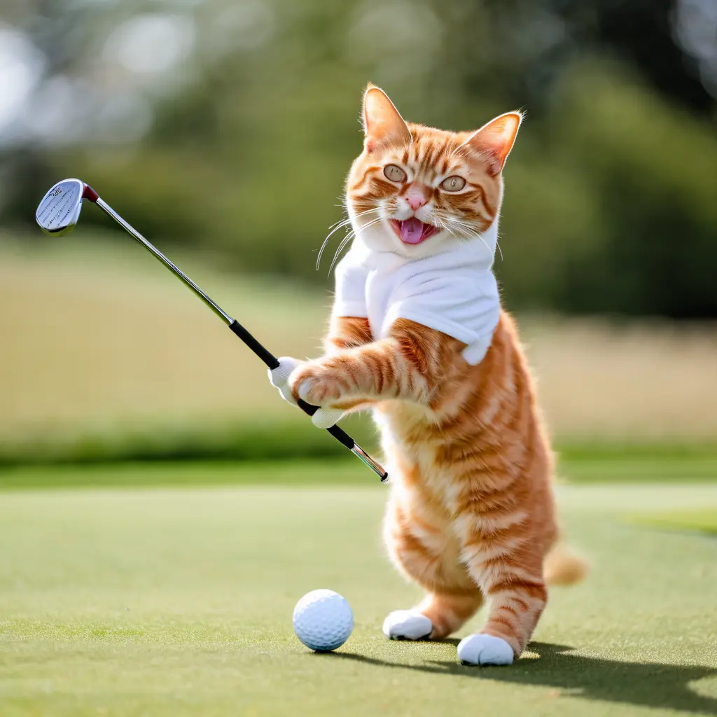 Orange cat standing and holding golf club backwards, in front of golf ball