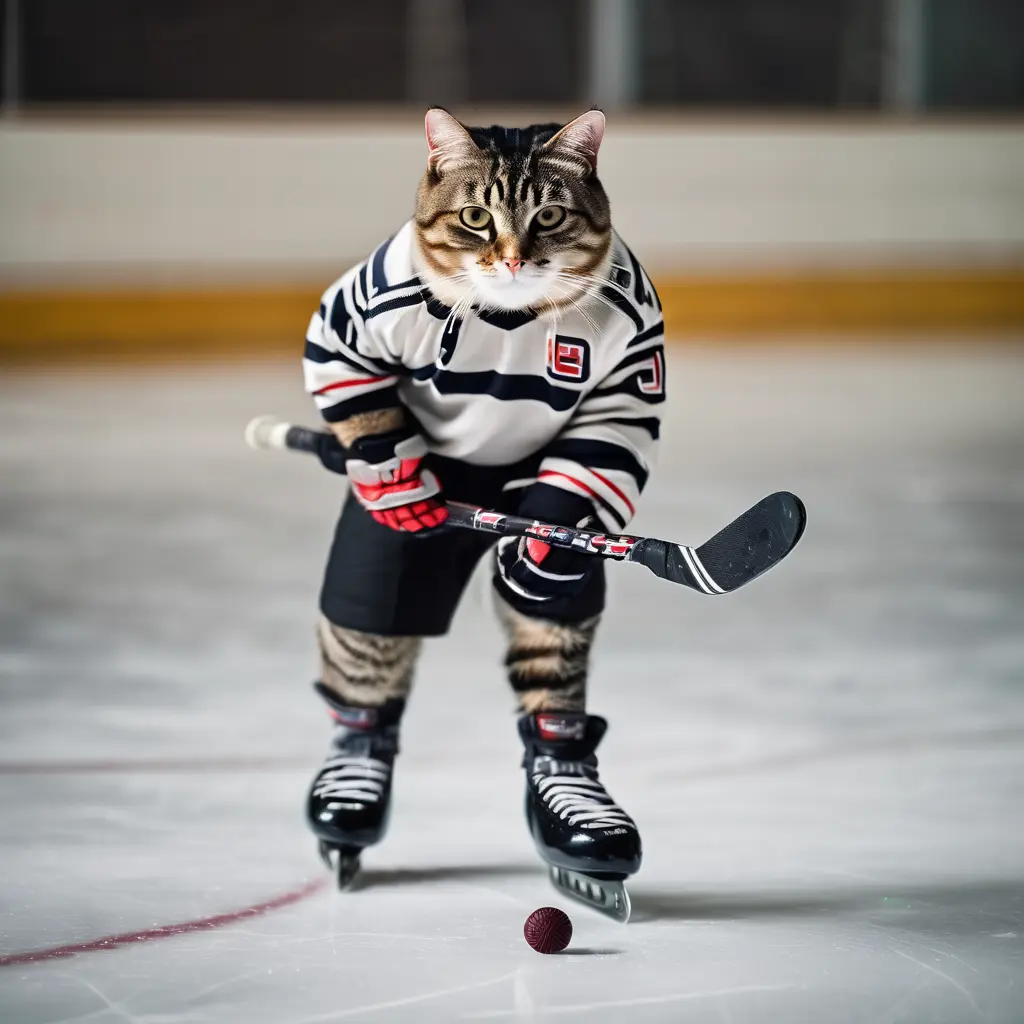 Cat wearing hockey jersey skating on ice, holding hockey stick