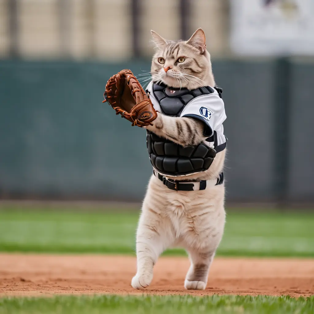 Cat wearing umpire vest and holding baseball glove, on baseball diamond