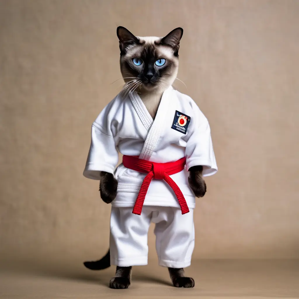 Siamese cat standing, wearing karate uniform with red belt