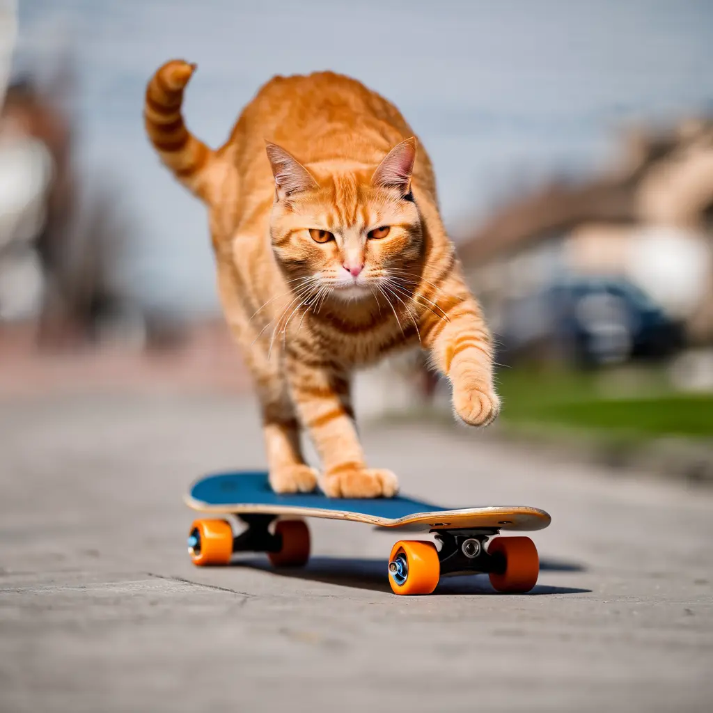 Orange cat riding skateboard