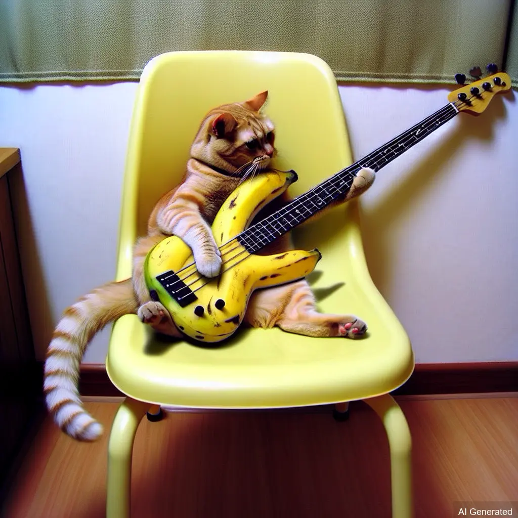 Cat sitting on chair playing bass guitar made from bananas