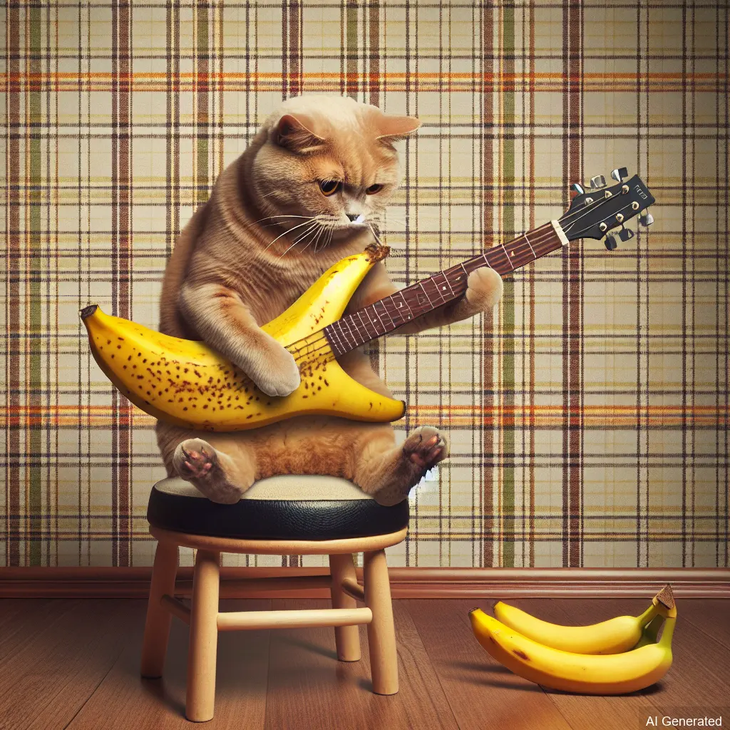 Cat sitting on chair playing guitar made from bananas, looking at bananas on floor