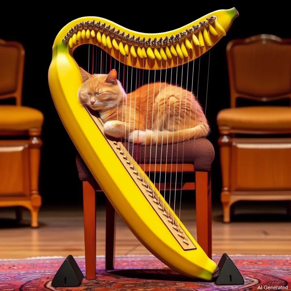 Cat sitting on chair beside harp made from bananas, with cat head between harp strings
