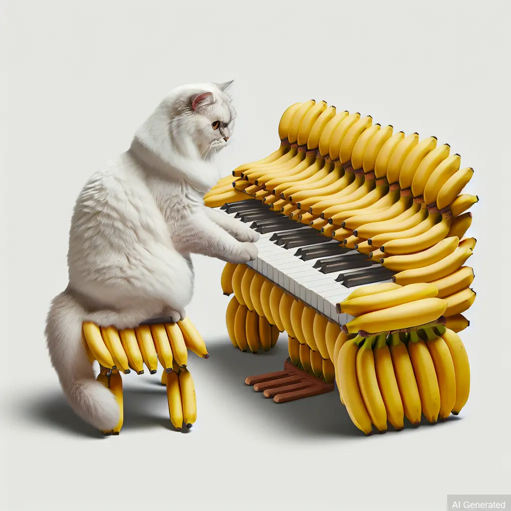 Cat sitting on a bench made from bananas, playing a piano made from bananas