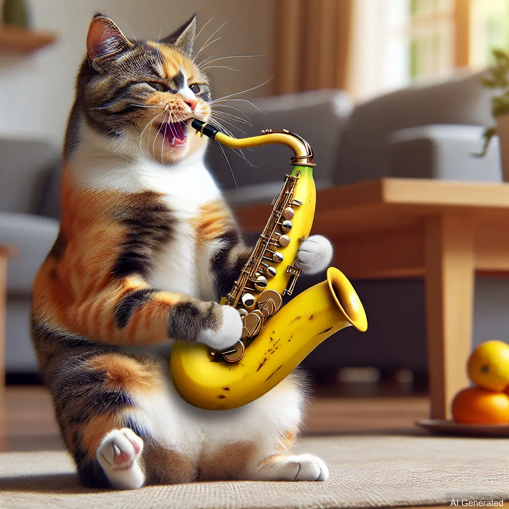 Cat sitting, holding a saxophone made from a banana