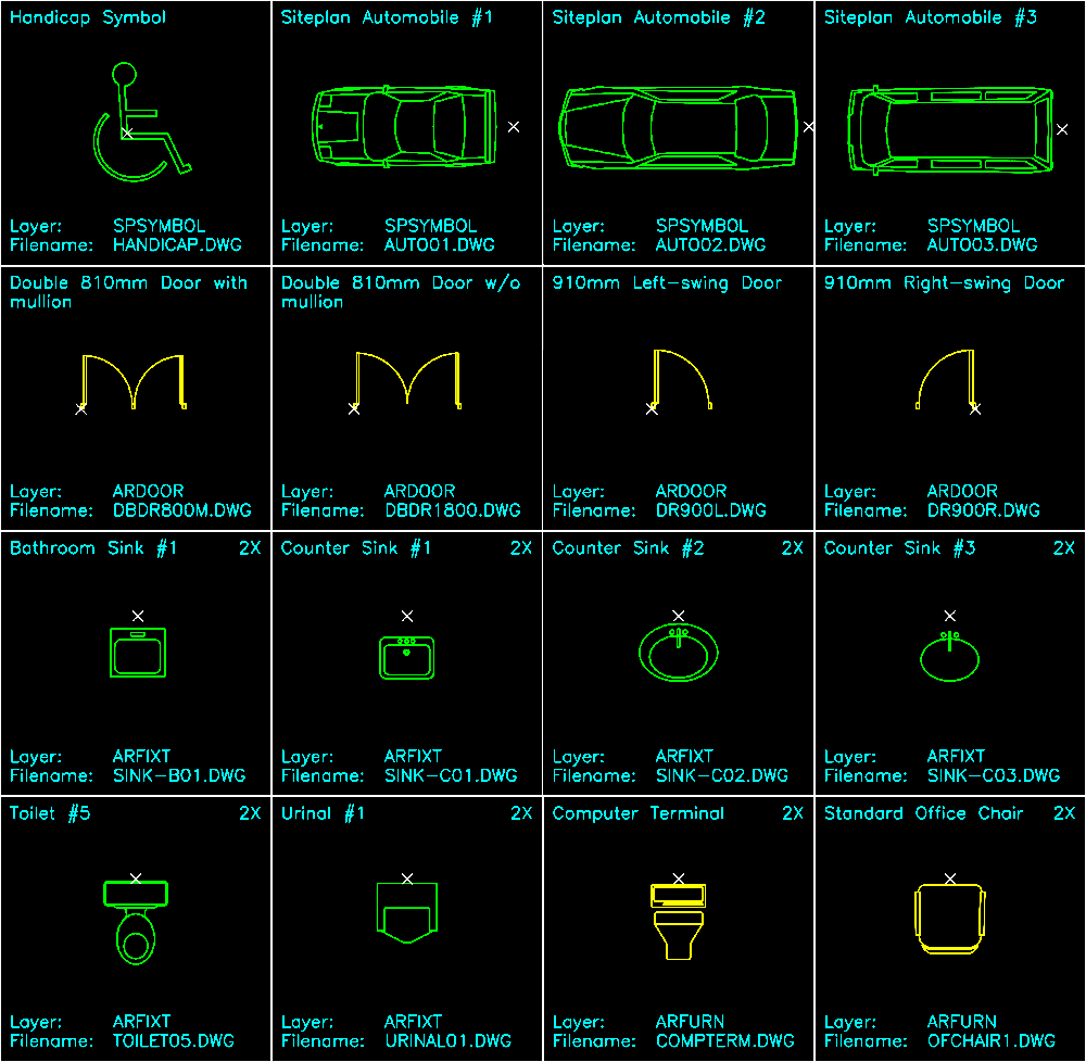 An example of reusable AutoCAD architectural blocks for cars, doors, and bathroom fixtures